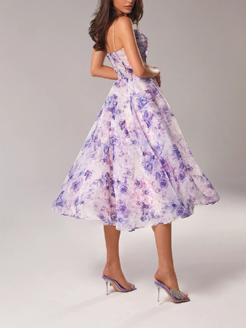 Spaghetti Strap Floral Print Organza Fit and Flare Midi Dress