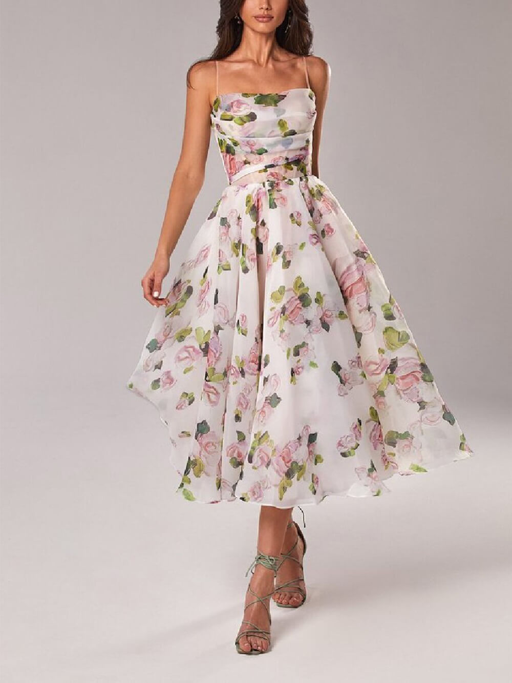 Spaghetti Strap Floral Print Organza Fit and Flare Midi Dress
