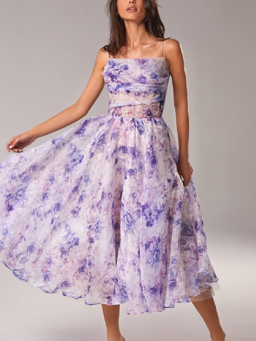 Spaghetti Strap Floral Print Organza Fit and Flare Midi Dress