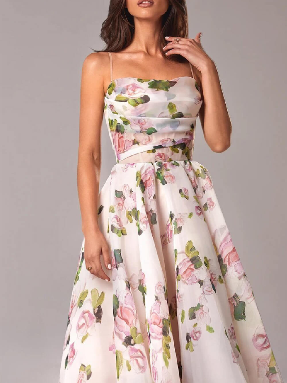 Spaghetti Strap Floral Print Organza Fit and Flare Midi Dress