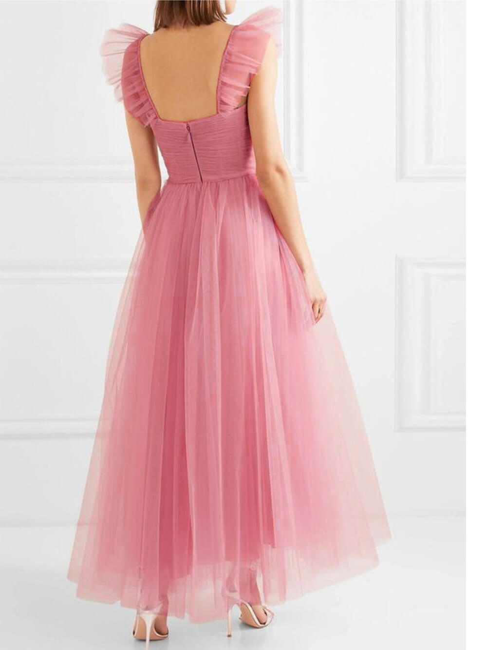 Sweetheart Neck Ruched Tulle Flutter Shoulder Maxi Gown