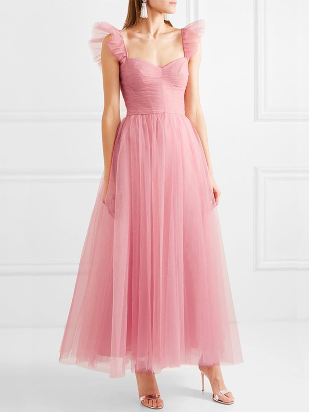 Sweetheart Neck Ruched Tulle Flutter Shoulder Maxi Gown