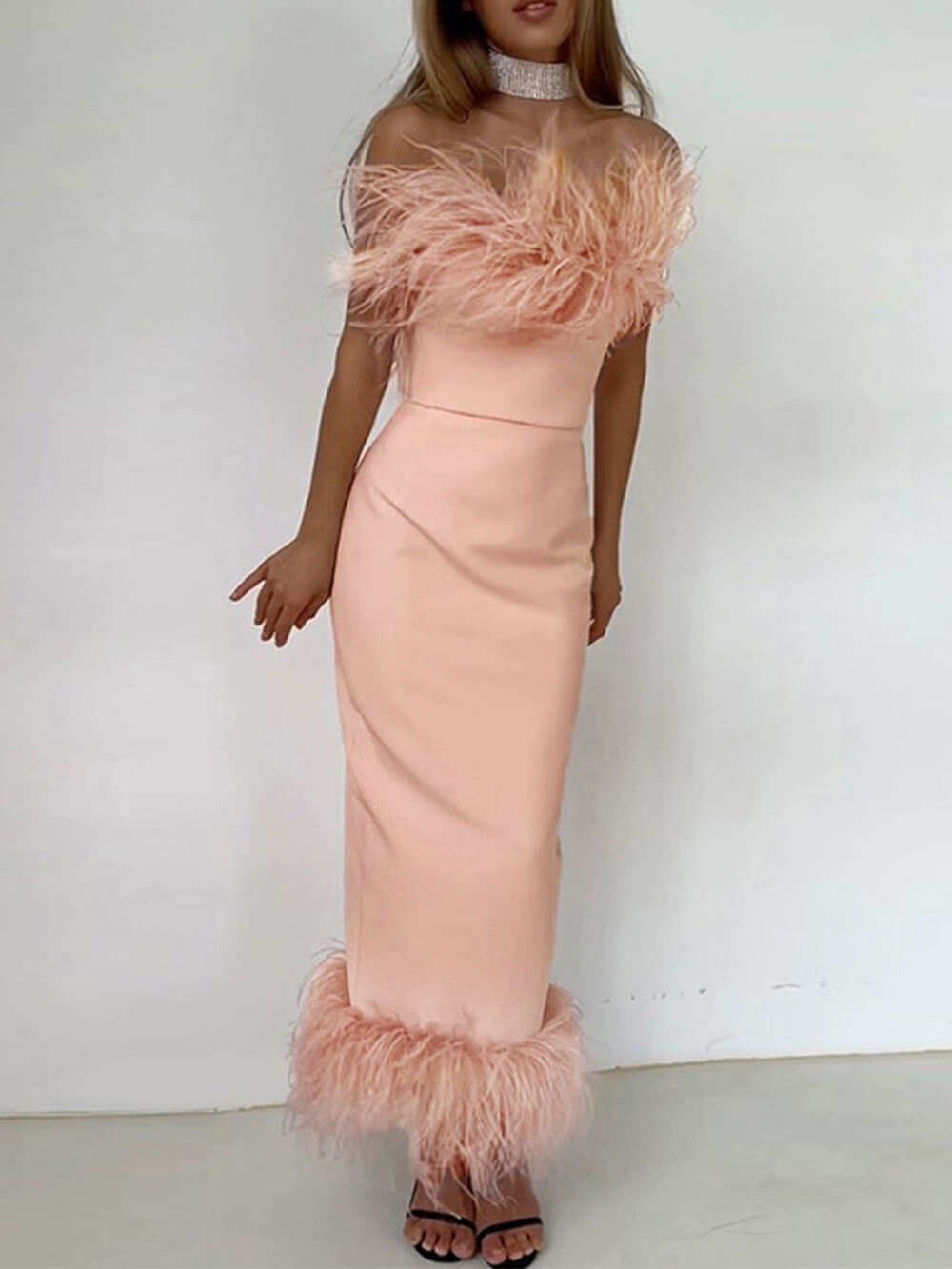 Strapless Ostrich Feather Trim Pencil Bodycon Midi Dress
