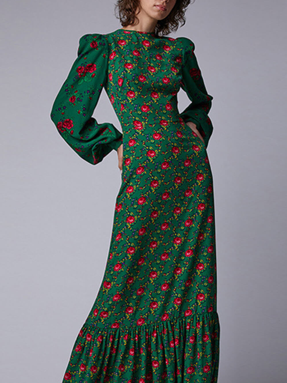 Puff Sleeve Floral Print Tiered Hem Maxi Dress