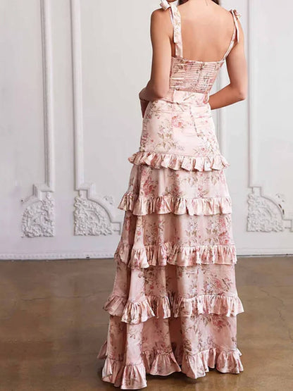 Floral Print Corset Bodice Tie Shoulder Tiered Ruffle High Slit Maxi Dress