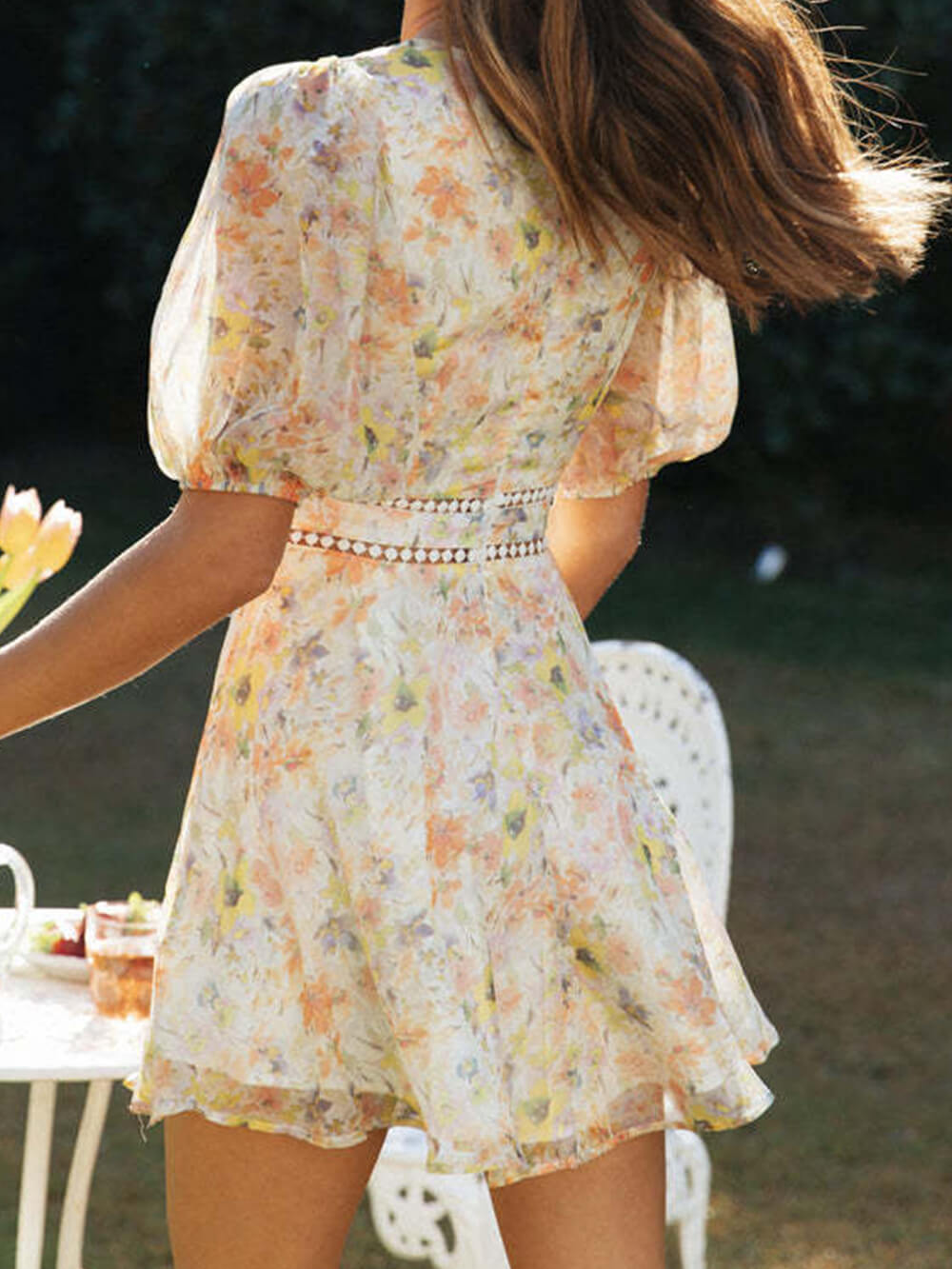 Floral Print Deep V-Neck Crochet Trim Puff Sleeve Mini Dress