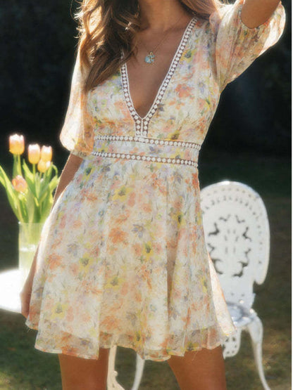 Floral Print Deep V-Neck Crochet Trim Puff Sleeve Mini Dress
