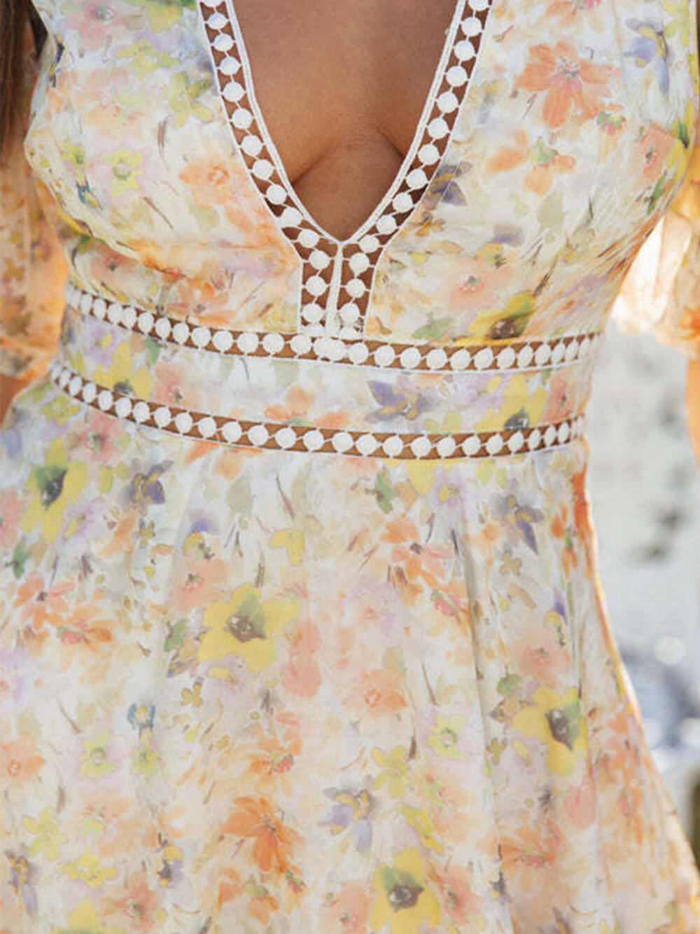 Floral Print Deep V-Neck Crochet Trim Puff Sleeve Mini Dress