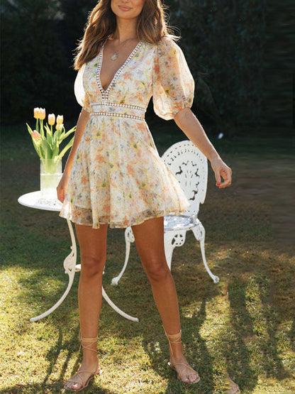 Floral Print Deep V-Neck Crochet Trim Puff Sleeve Mini Dress