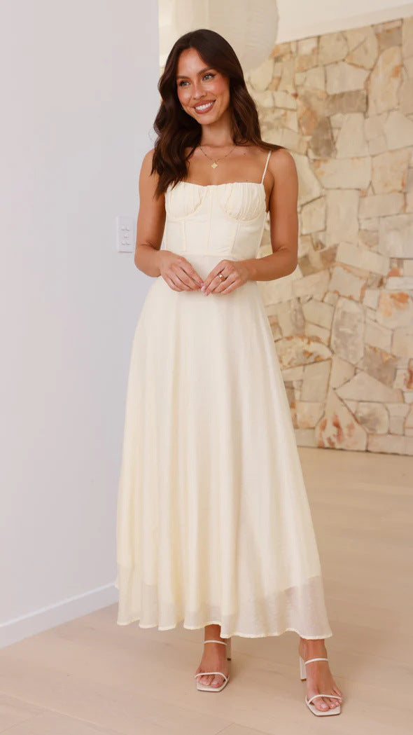Spaghetti Strap Ruched Corset Bodice Tiered Maxi Dress