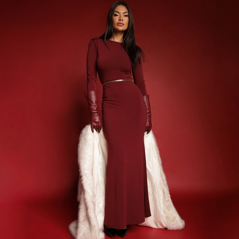 Boat Neck Long Sleeve Belted Bodycon Maxi Dress with Gloves