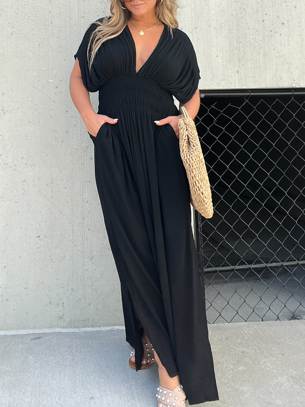 Deep V Smocked Waist Flutter Sleeve Wide Leg Jumpsuit