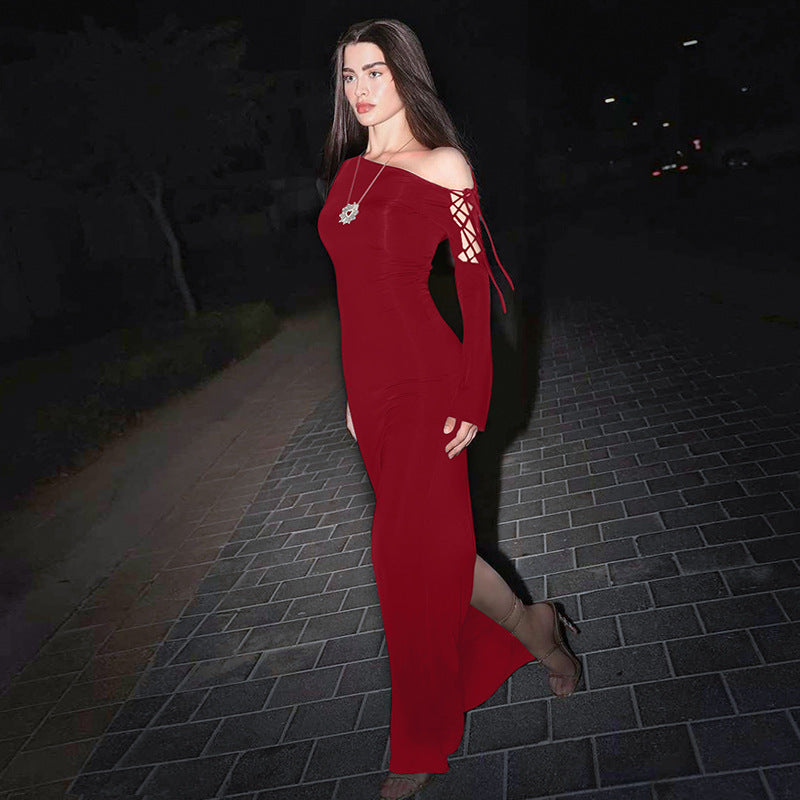 One Shoulder Lace Up Sleeve Bodycon Split Maxi Dress