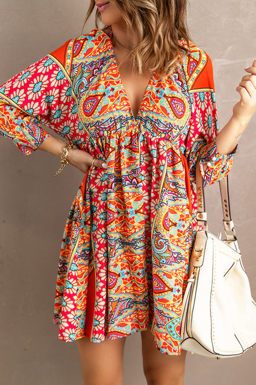 Deep V-Neck Long Sleeve Empire Waist Paisley Print Boho Mini Dress