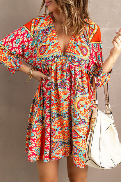 Deep V-Neck Long Sleeve Empire Waist Paisley Print Boho Mini Dress
