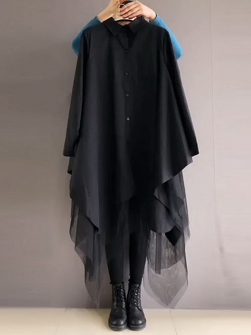 Collared Button Front Handkerchief Hem Tiered Tulle Overlay Shirt Dress