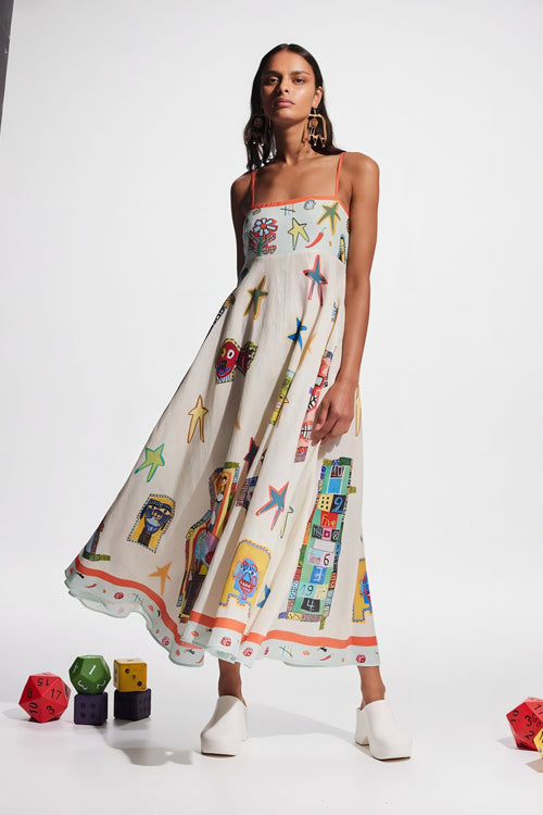 Spaghetti Strap Square Neck Illustrative Print Empire Waist Midi Dress