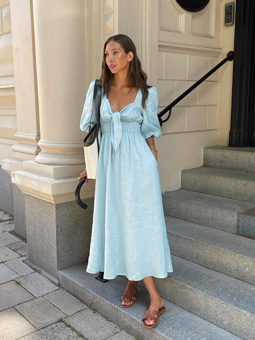 Sweetheart Neck Tie Front Smocked Puff Sleeve Linen Midi Dress