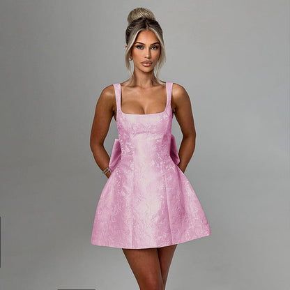 Square Neck Jacquard Brocade Floral Oversized Bow Back Skater Mini Dress