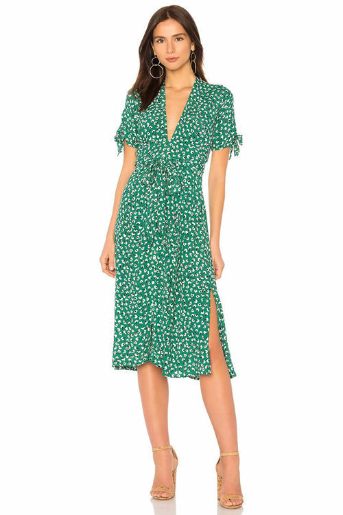 Deep V Neck Short Sleeve Tie Cuff Print Wrap Mini Dress