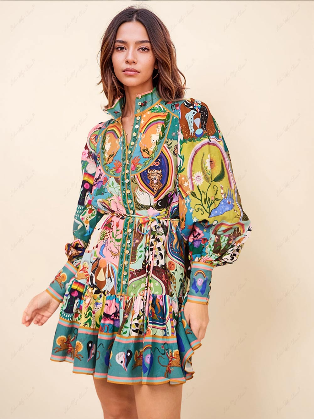 Mandarin Collar Puff Sleeve Button Front Tie Belt Printed Mini Shirt Dress