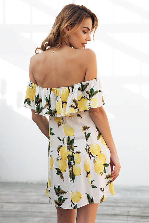 Off Shoulder Ruffle Button Front Fruit Print Mini Dress