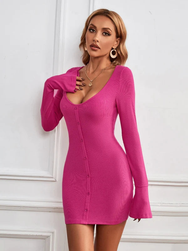 Single-Breasted Knitted Long-Sleeved Dress