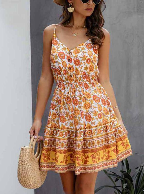 Lossky Summer Women's Cotton Mini Sundress with Button Detail