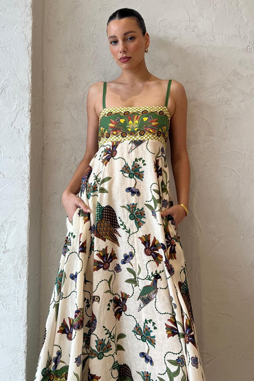 Spaghetti Strap Empire Waist Bird Botanical Border Print Pocket Maxi Dress