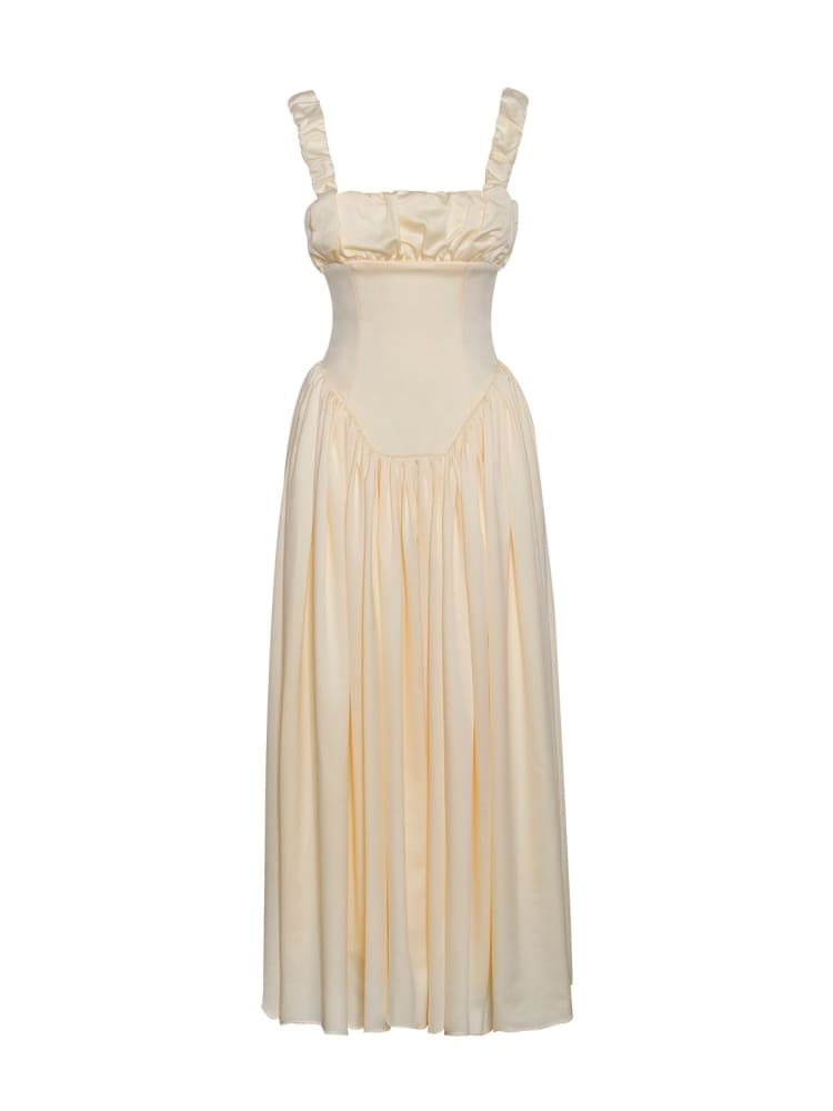 Square Neck Ruffle Strap Ruched Bust Basque Waist Pocket Midi Dress