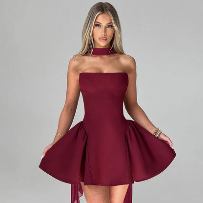 Strapless Choker Neck Structured Flare Hem Mini Dress