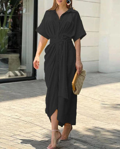 Collar Button Front Tie Waist Wrap Hem Midi Shirt Dress