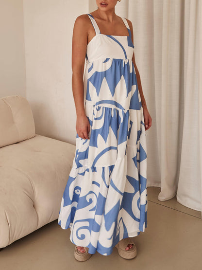 Abstract Geometric Print Square Neck Tiered Empire Maxi Dress