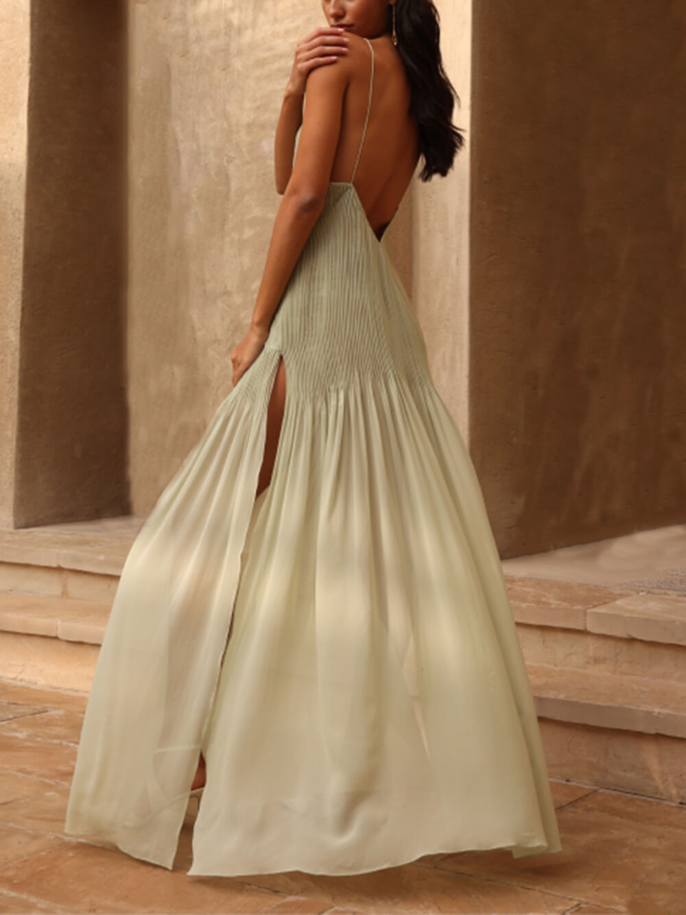 Spaghetti Strap Diagonal Pleated Wrap Bodice Chiffon Maxi Dress