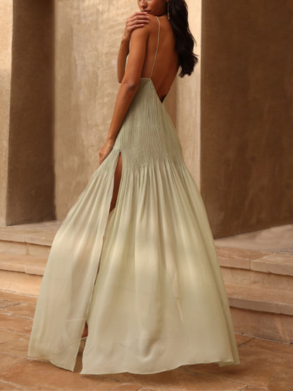 Spaghetti Strap Diagonal Pleated Wrap Bodice Chiffon Maxi Dress