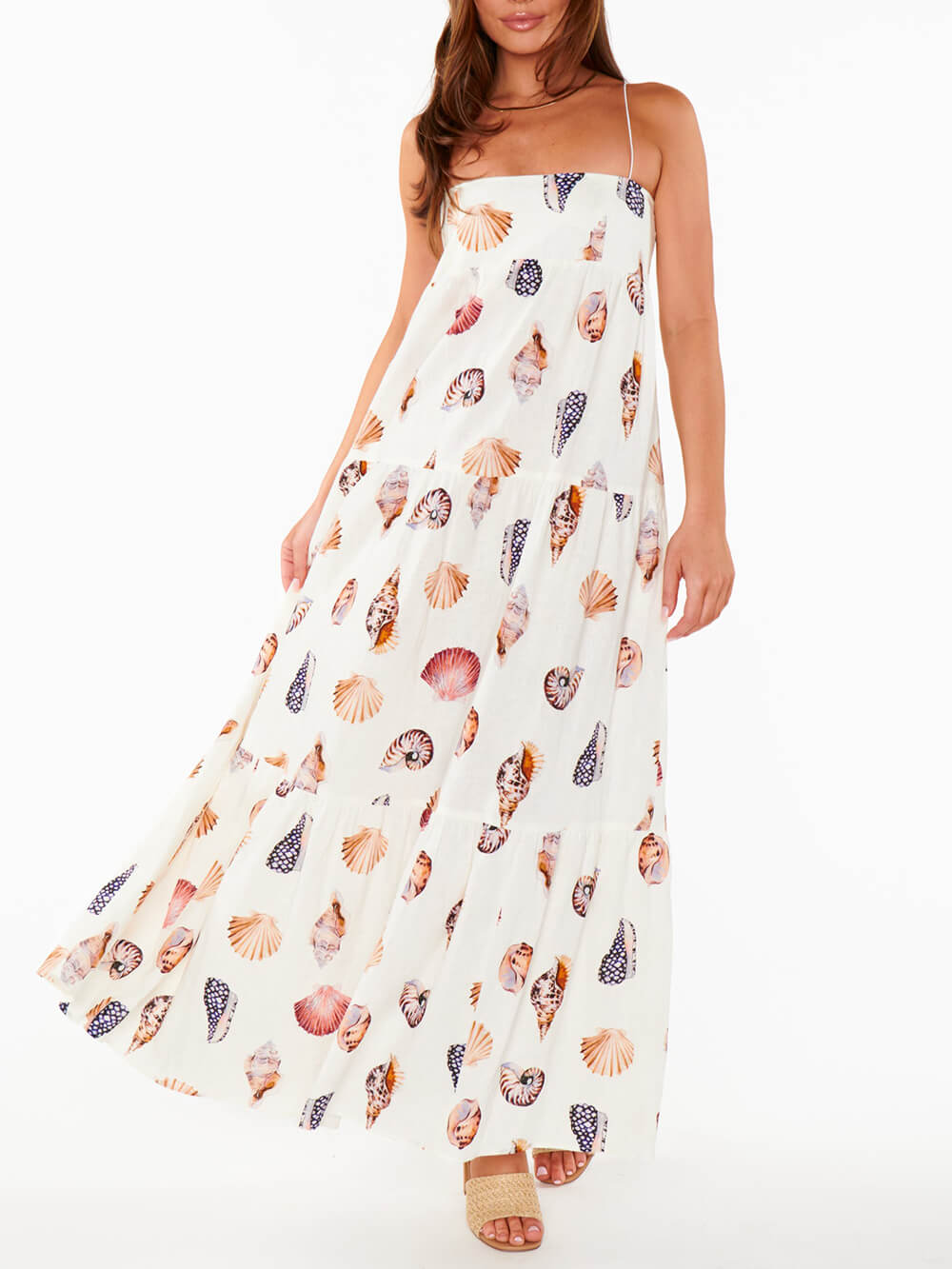 Seashell Print Spaghetti Strap Tiered Maxi Dress