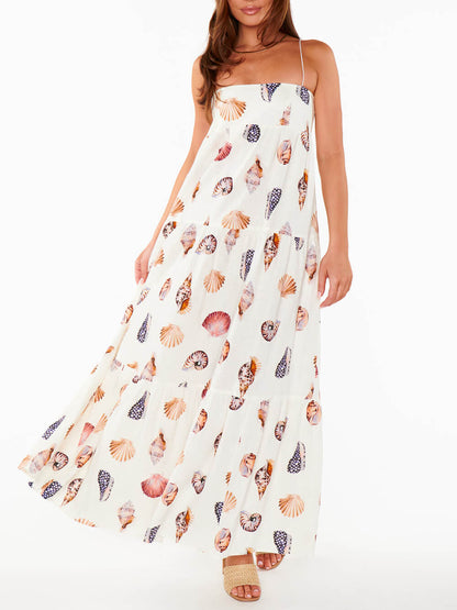 Seashell Print Spaghetti Strap Tiered Maxi Dress