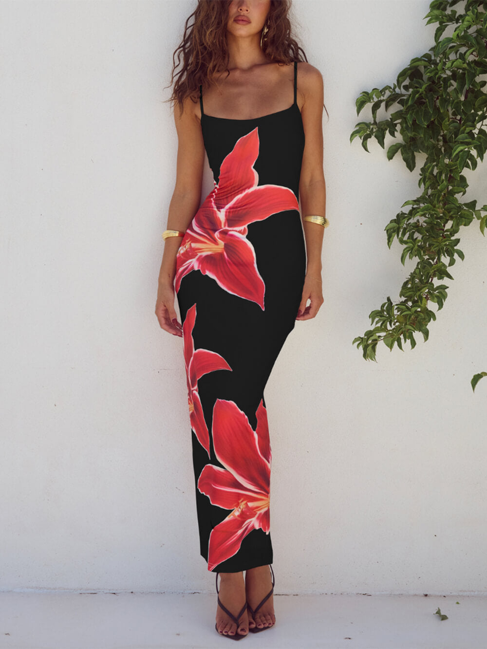 Spaghetti Strap Large Lily Floral Print Bodycon Maxi Dress