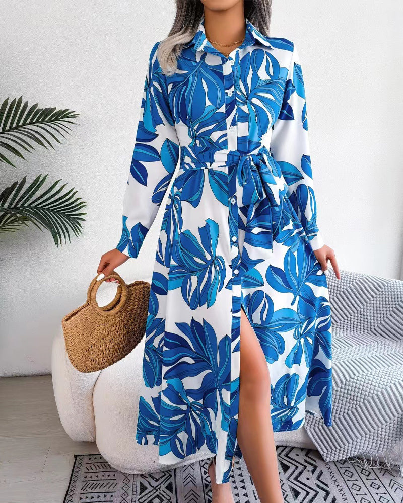 Floral Print Lapel Shirt Dress with Contrast