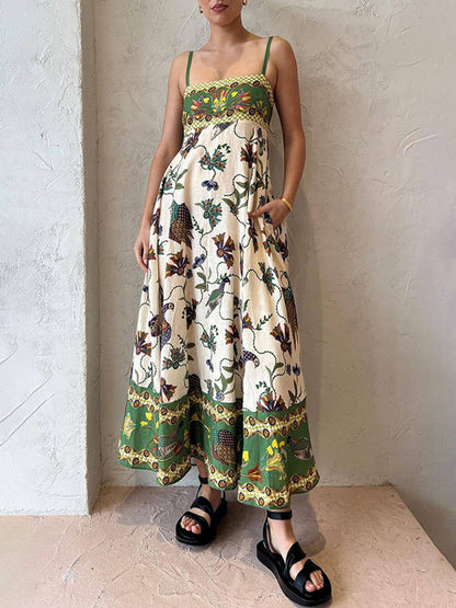 Bird Floral Print Empire Waist Spaghetti Strap Pocket Maxi Dress