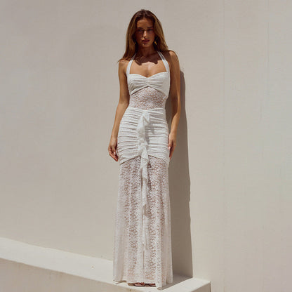 Halter Ruched Lace Insert Front Ruffle Panel Maxi Dress
