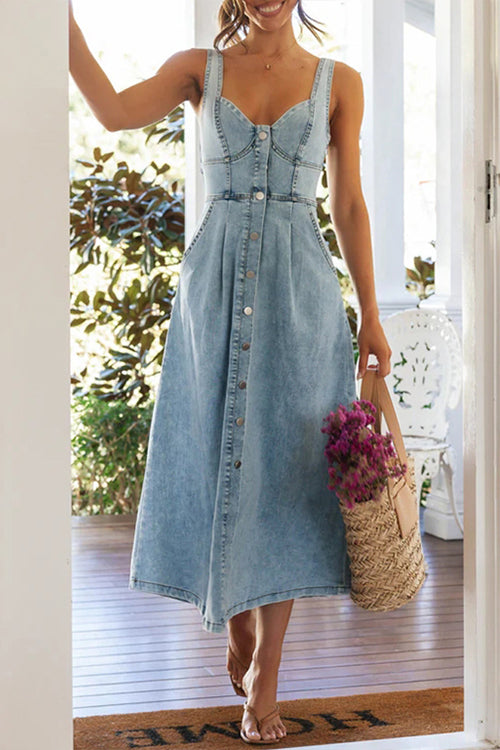 Sweetheart Neck Corset Button Front Pocket Pleated Denim Midi Dress