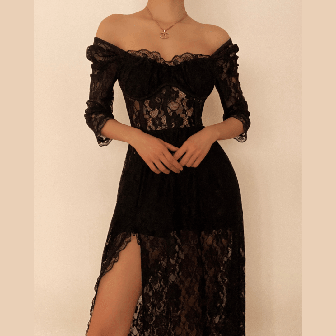 Lace Off Shoulder Sweetheart Corset High Slit Maxi Gown