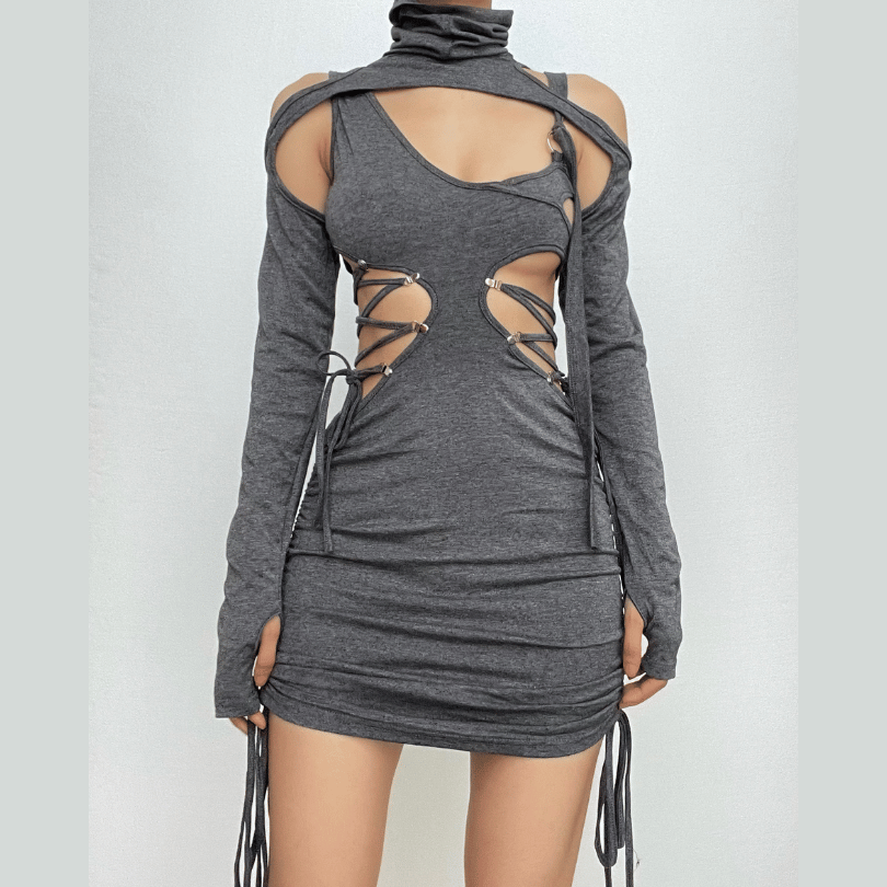 Mock Neck Lace-Up Cutout Drawstring Mini Dress