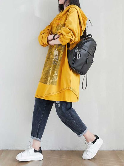 Frog Button Hood Sunflower Print Oversized Sweatshirt Dress