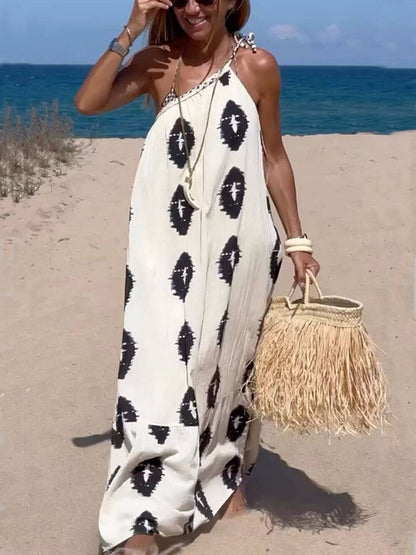 Ikat Diamond Print One Shoulder Draped Flowy Maxi Dress