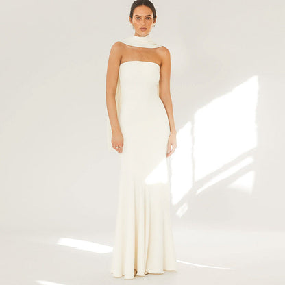 Strapless Straight Bandeau Trumpet Hem Matching Neck Scarf Maxi Gown