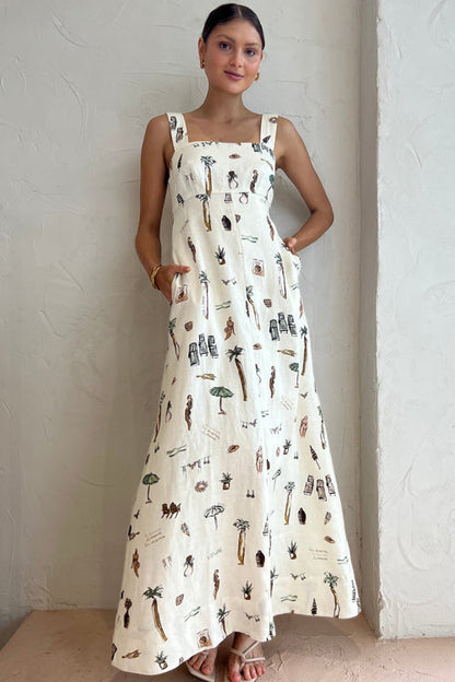 Square Neck Wide Strap Pocketed Vacation Sketch Print Maxi Dress