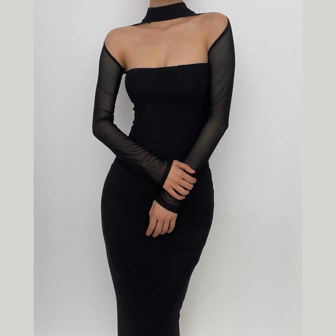 Choker Neck Chest Cutout Mesh Sleeve Zip Up Bodycon Midi Dress
