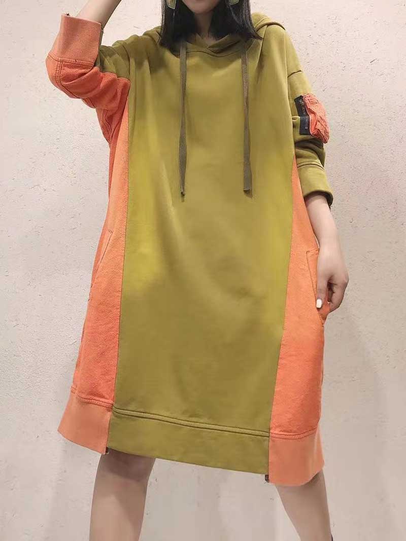 Hooded Color Block Long Sleeve Zip Pocket Midi Sweatshirt Dress